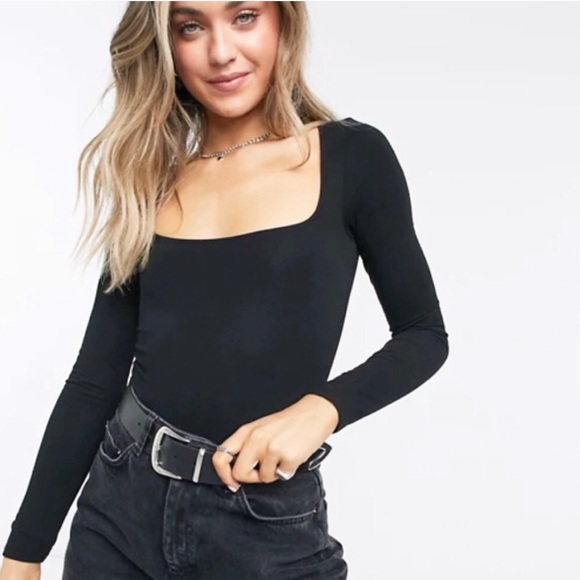 NWOT TOPSHOP square neck ribbed bodysuit black - Picture 2 of 10